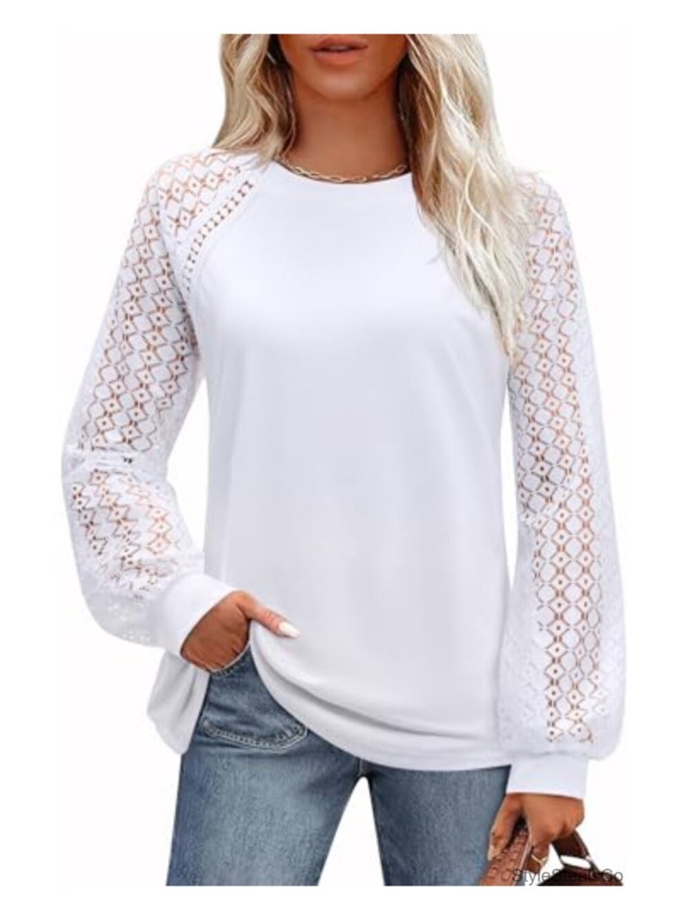 Uhiger Lace Long Sleeve Blouse Crew Neck Business Casual Top